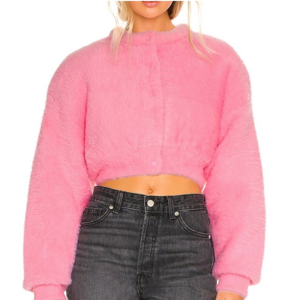 ALEXANDER WANG T PRISM PINK LONG-SLEEVE FAUX FUR CARDIGAN JACKET BUBBLEGUM PINK